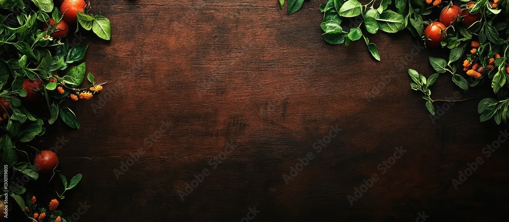 Poster fresh superfoods arrangement with vibrant greens and small tomatoes on a dark wooden background crea