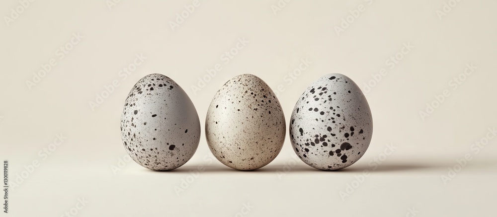 Poster Three speckled eggs in varying shades of gray and beige positioned diagonally against a soft neutral background creating an elegant minimalist composition.