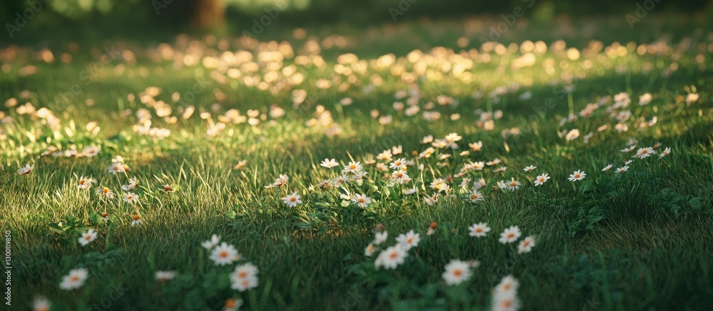 Poster serene green meadow with scattered delicate white daisies bathed in soft sunlight featuring ample sp