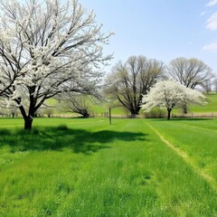 Obraz premium Spring Grass and Blooming Trees in a Peaceful Rural Meadow