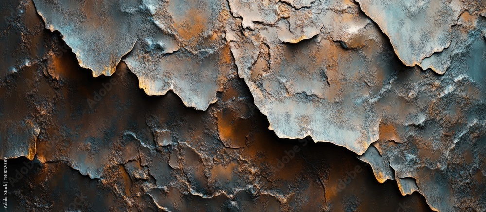 Poster detailed close-up of weathered metal surface showcasing rust-colored fragments, deep indentations, a