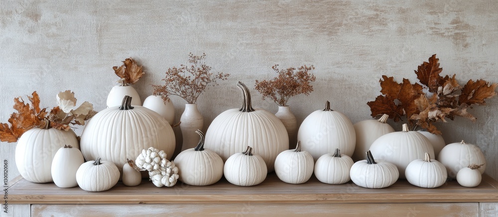 Poster White pumpkins arranged on a rustic wooden table against a textured beige background with autumn leaves creating a warm fall atmosphere.