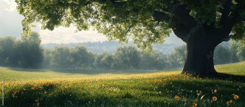 Poster lush green oak tree on the left in a sunlit field with yellow wildflowers and soft morning mist crea