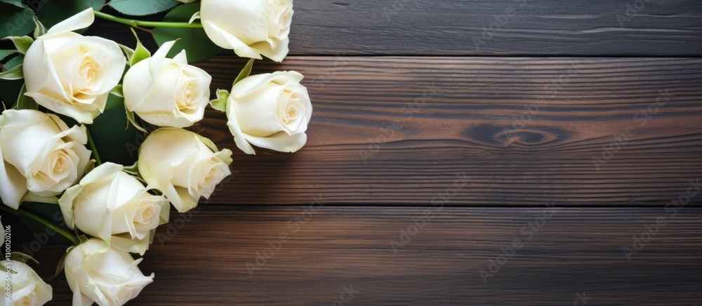 Poster elegant bouquet of white roses arranged on a dark wooden table with green leaves and ample copy spac