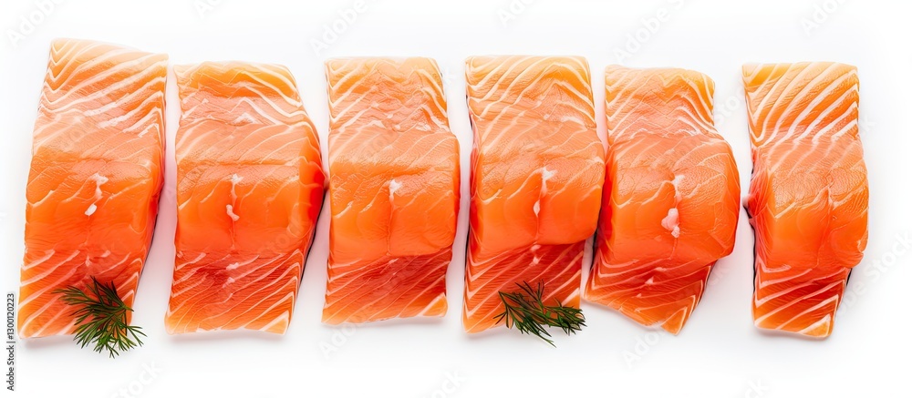 Poster Fresh raw salmon fillet slices arranged in a row on a white background with green dill garnish showcasing vibrant orange and pink hues