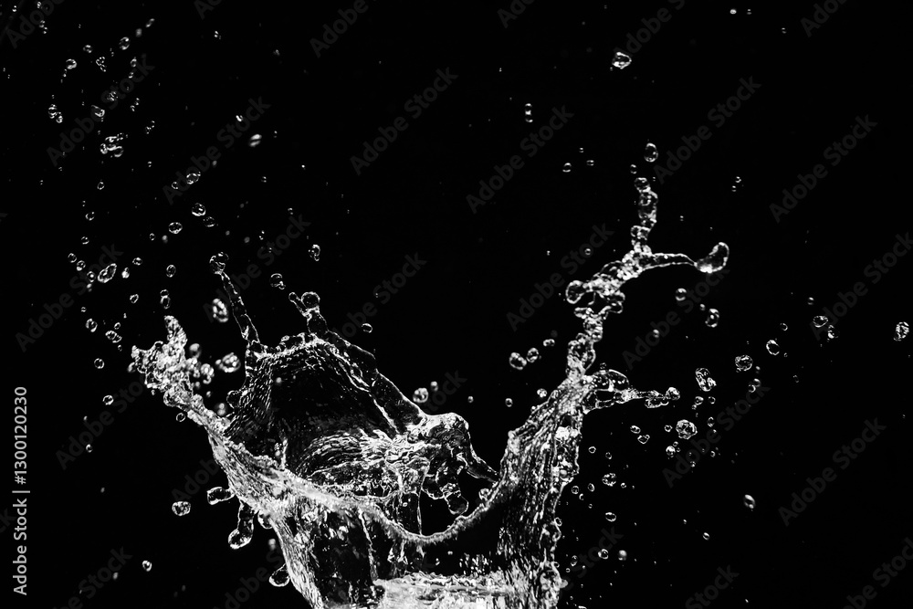 Poster ** dynamic splash of water droplets against a black background capturing motion and fluidity in stun