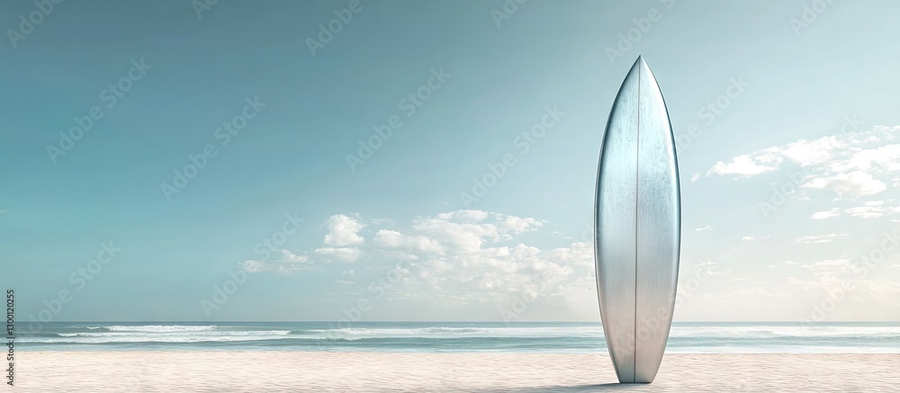 Aufkleber silver surfboard standing vertically on sandy beach under a clear blue sky with soft clouds providin