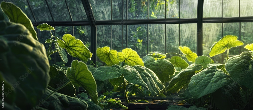 Aufkleber Sunlit greenhouse with lush green squash leaves in foreground, illuminated by soft light filtering through glass panels, creating a serene atmosphere.