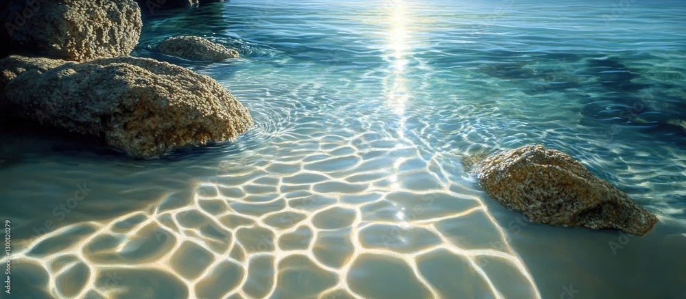 Poster Tranquil ocean scene with shimmering sunlight reflections on clear water blended with sandy tones and textured rocks in the foreground.