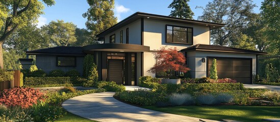 Obraz premium Contemporary suburban home with a circular entrance, surrounded by vibrant greenery and modern architectural design, featuring a serene garden pathway.