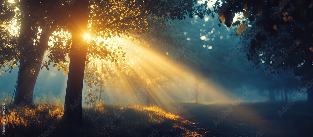 Poster golden sunbeams piercing through misty morning forest with vibrant green leaves and soft shadows cre