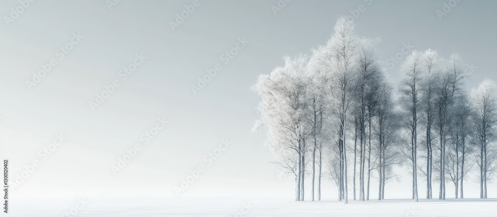 Poster Tall trees with frosted branches in a serene winter landscape against a soft white background emphasizing tranquility and isolation in cool tones.