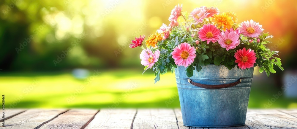 Aufkleber vibrant colorful spring flowers in a vintage blue bucket on a rustic wooden table with soft bokeh ba