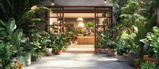Charming store entrance with large potted plants in various greens, creating an inviting atmosphere with warm lighting and rustic wooden doors.