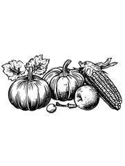 Colorful autumn harvest display with pumpkins, corn, and apples on a rustic background