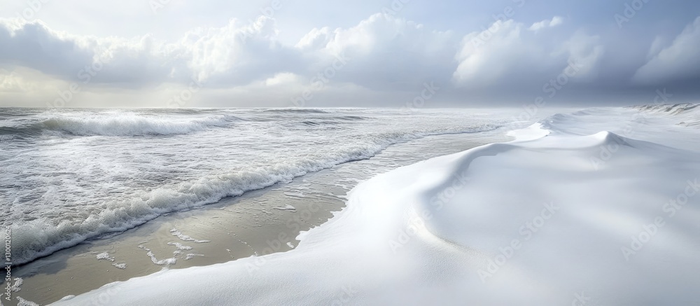 Aufkleber Calm ocean waves softly crashing on a pristine white sandy beach under a serene cloudy sky with gentle textures of foam and sand in the foreground