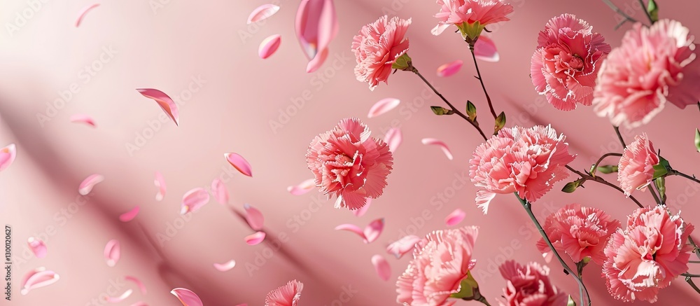 Poster Springtime banner showcasing vibrant pink carnation flowers cascading against a soft pink backdrop with ample copy space for text inclusion.
