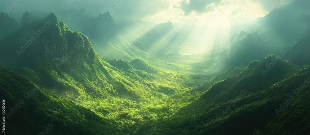 Poster sunlight cascades over vibrant green mountains with golden rays illuminating the lush valley, creati