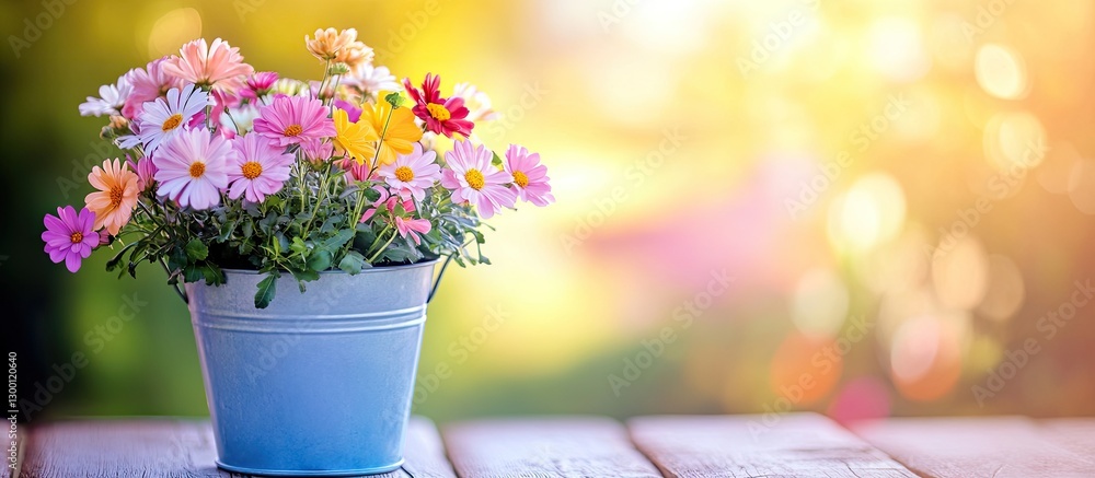 Poster Brightly colored spring flowers in a blue bucket on a rustic wooden table with a blurred warm background and ample copy space for text.