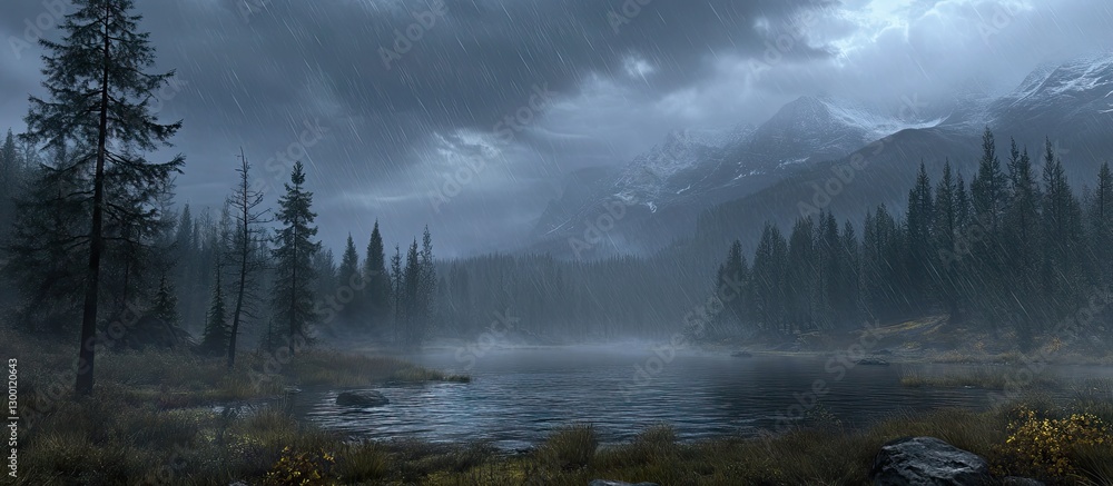 Poster mysterious alpine landscape featuring tall pine trees shrouded in fog with a tranquil lake reflectin