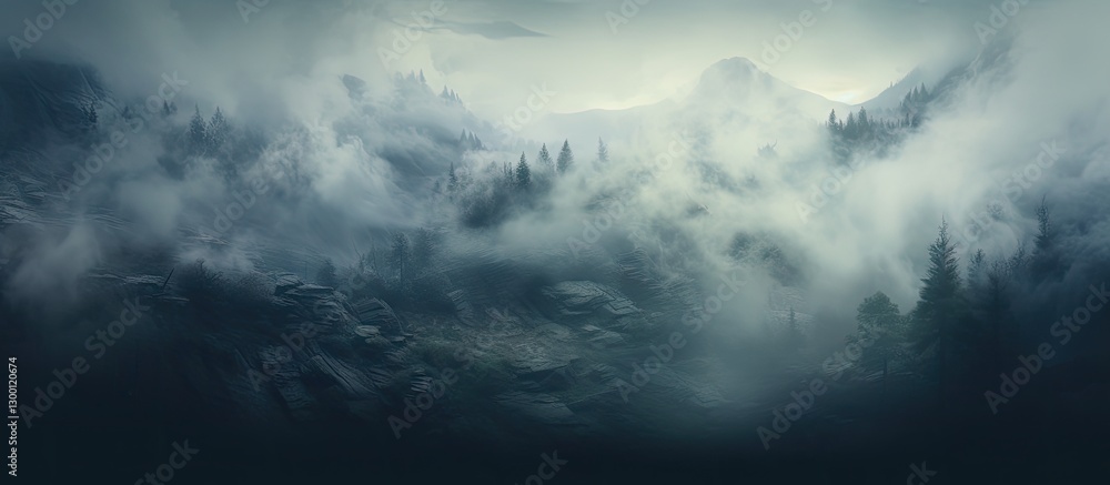Poster Misty landscape with dense fog enveloping dark green pine trees and mountains in the background creating an ethereal, mysterious ambiance