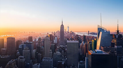 Vibrant City Skyline At Sunset With Golden Buildings and Blue Sky in New York