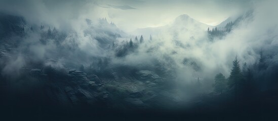 Obraz premium Misty landscape with dense fog enveloping dark green pine trees and mountains in the background creating an ethereal, mysterious ambiance