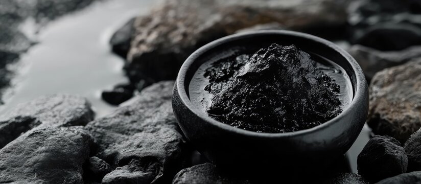Black shilajit resin in a round dark bowl on textured wet rocks by water, against a moody background showcasing natural Himalayan elements.