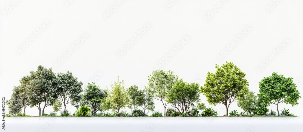 Aufkleber Diverse collection of tree species with lush green foliage arranged in a row against a clean white background highlighting their unique shapes and sizes.