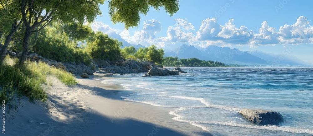 Poster serene beach landscape with gentle waves lapping at sandy shore under blue and white clouds with lus