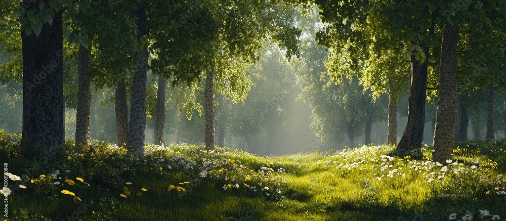 Fototapete lush green forest in spring with sunlight streaming through trees illuminating wildflowers in foregr