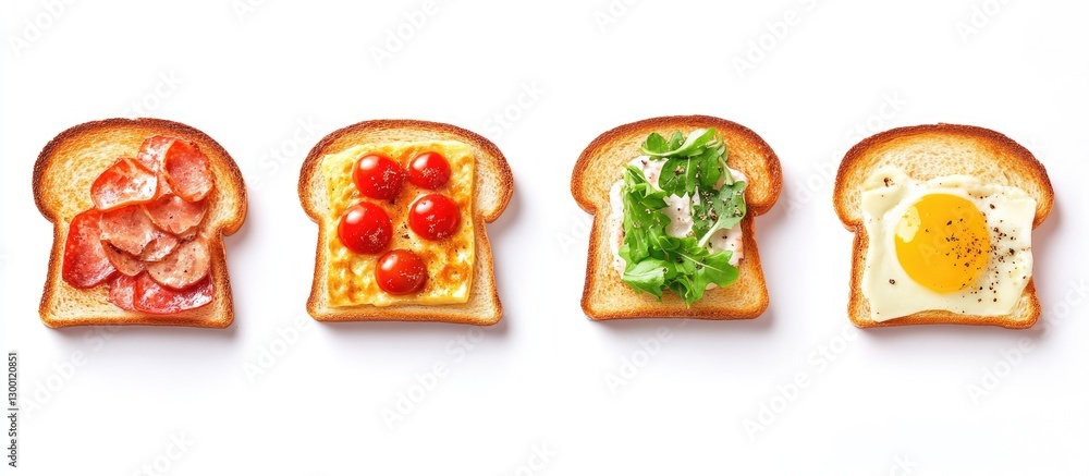 Poster top view of four slices of toast with various toppings including sliced meats, cherry tomatoes, crea