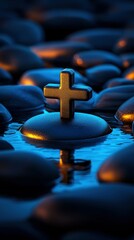 Fototapeta premium Cross Symbol on Stone in Calm Water with Reflection of Faith Hope and Spiritual Healing 89 chars