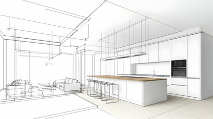 Modern Kitchen Interior Design Sketch With White Cabinetry And Wooden Island Bar With Stools