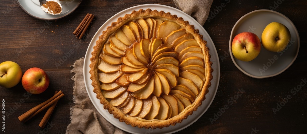 Aufkleber freshly baked apple pie with golden crust and spiral apple slices on a rustic wooden table, surround