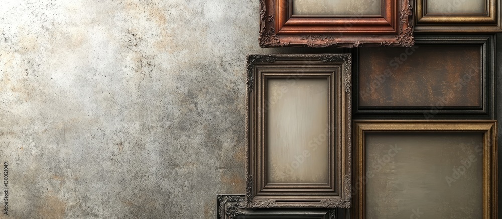 Poster rustic vintage frames arranged asymmetrically on a textured gray wall creating a warm, gallery-like 