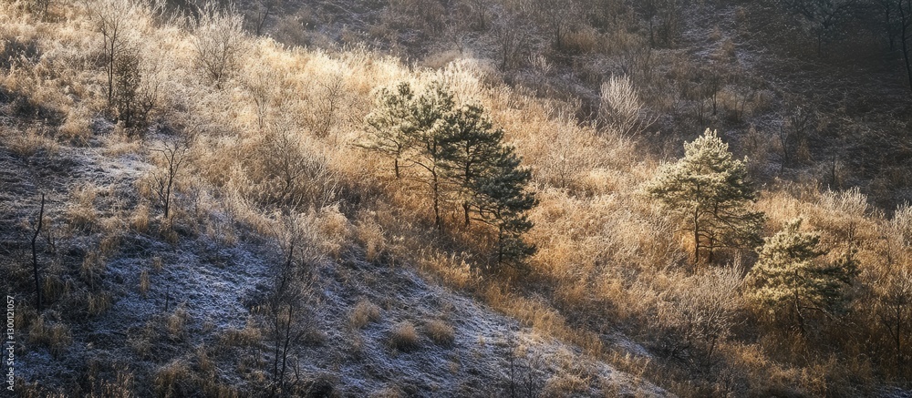 Poster sunlight illuminating frosted spruce trees on a forest slope with golden grass and softly shaded gro
