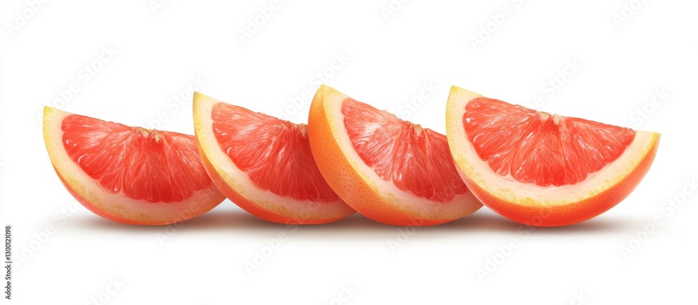 Poster Four vibrant slices of ripe grapefruit arranged on a clean white background showcasing shades of pink and orange with ample negative space for design elements.