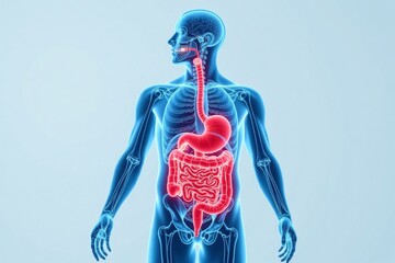 A detailed human digestive system depicted within a blue male figure, illustrating anatomy and biological function.