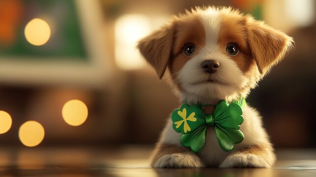 A charming close-up of a small, brown puppy sitting amidst lush green clover, wearing a tiny shamrock collar, against a softly blurred, sunny outdoor background.