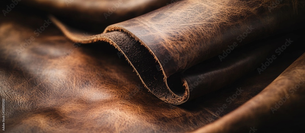 Poster rustic textured brown leather with a weathered surface featuring warm tones and soft folds, ideal fo