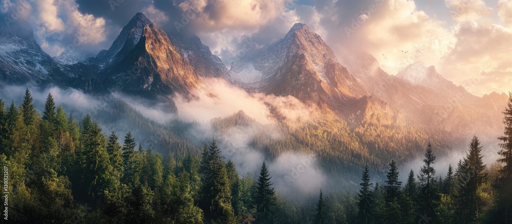 Poster mountain landscape illuminated by sunlight with towering peaks in soft pink hues and surrounded by f