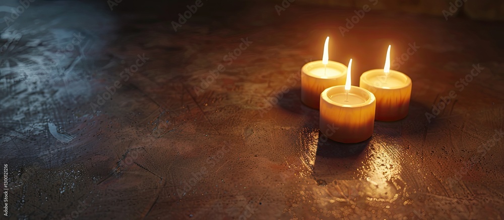 Aufkleber warm amber candlelight from three round candles on a dark textured surface creating a serene ambianc