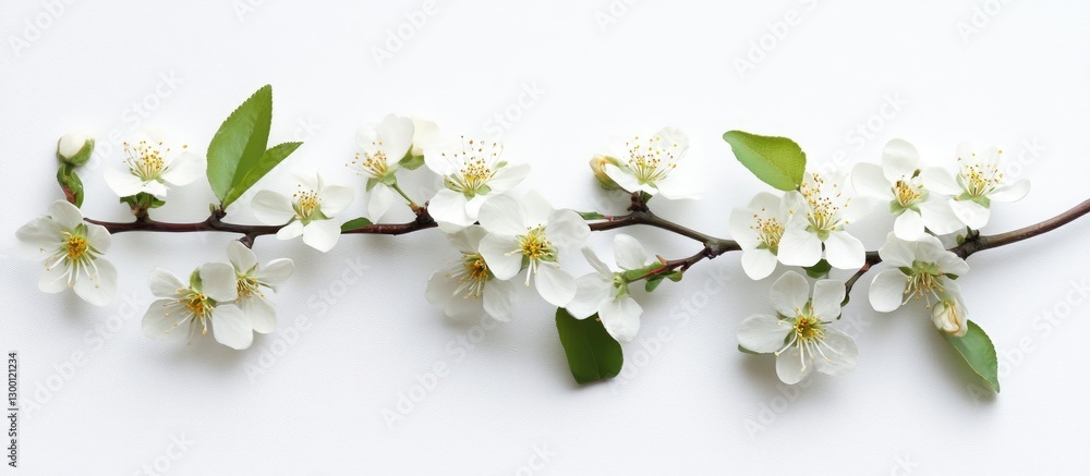 Poster delicate white cherry blossoms with green leaves arranged in a curved line on a bright white backgro
