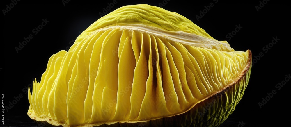 Poster Jackfruit shell showcasing a textured green surface with layered patterns on a dark background creating ample copy space for design needs.