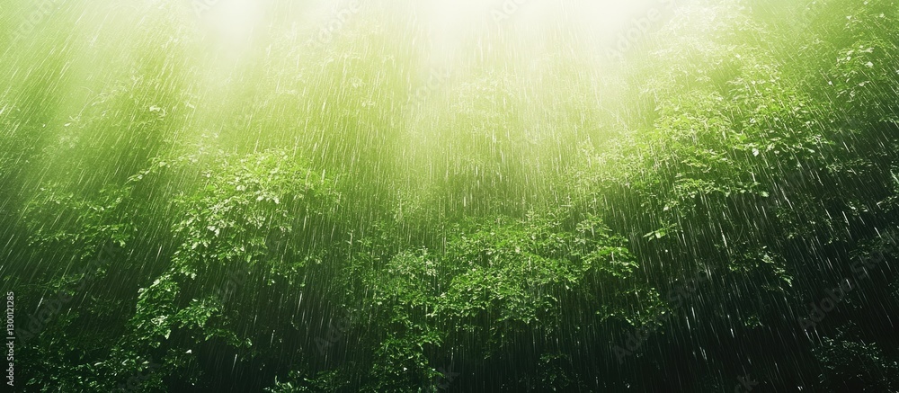Aufkleber Lush green forest with dense foliage illuminated by soft light, rain cascading down creating a serene atmosphere and a fresh ambiance.
