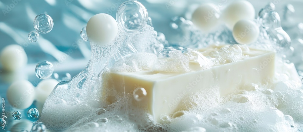 Poster white soap bar surrounded by frothy bubbles on a soft blue background creating a serene and clean at