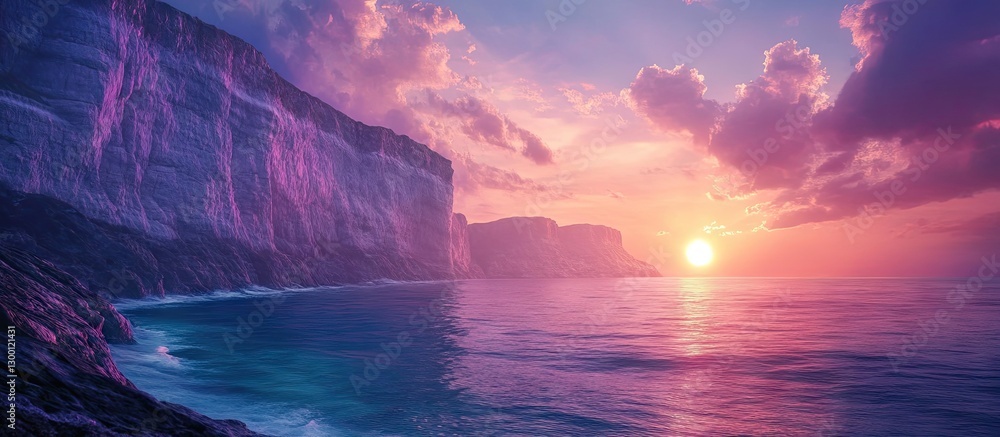 Poster Dawn coastal scenery with towering cliffs in soft purples and pinks over crystal clear waters reflecting a vividly colored sky near the horizon