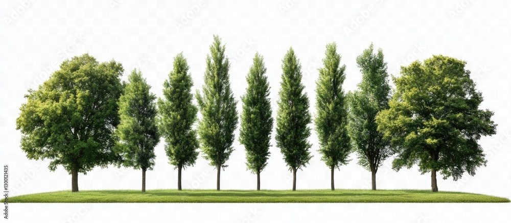 Aufkleber tall green trees arranged in a row on a transparent background with vibrant summer foliage showcasin