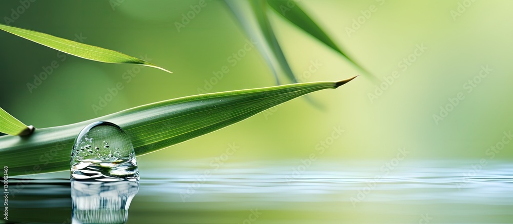 Fototapete Water drop suspended from a bamboo leaf against a blurred green backdrop creating an elegant serene scene with ample copy space for text use